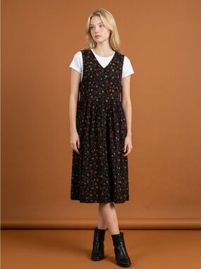 Vintage Bryn Connelly Black Floral V-Neck Midi Dress